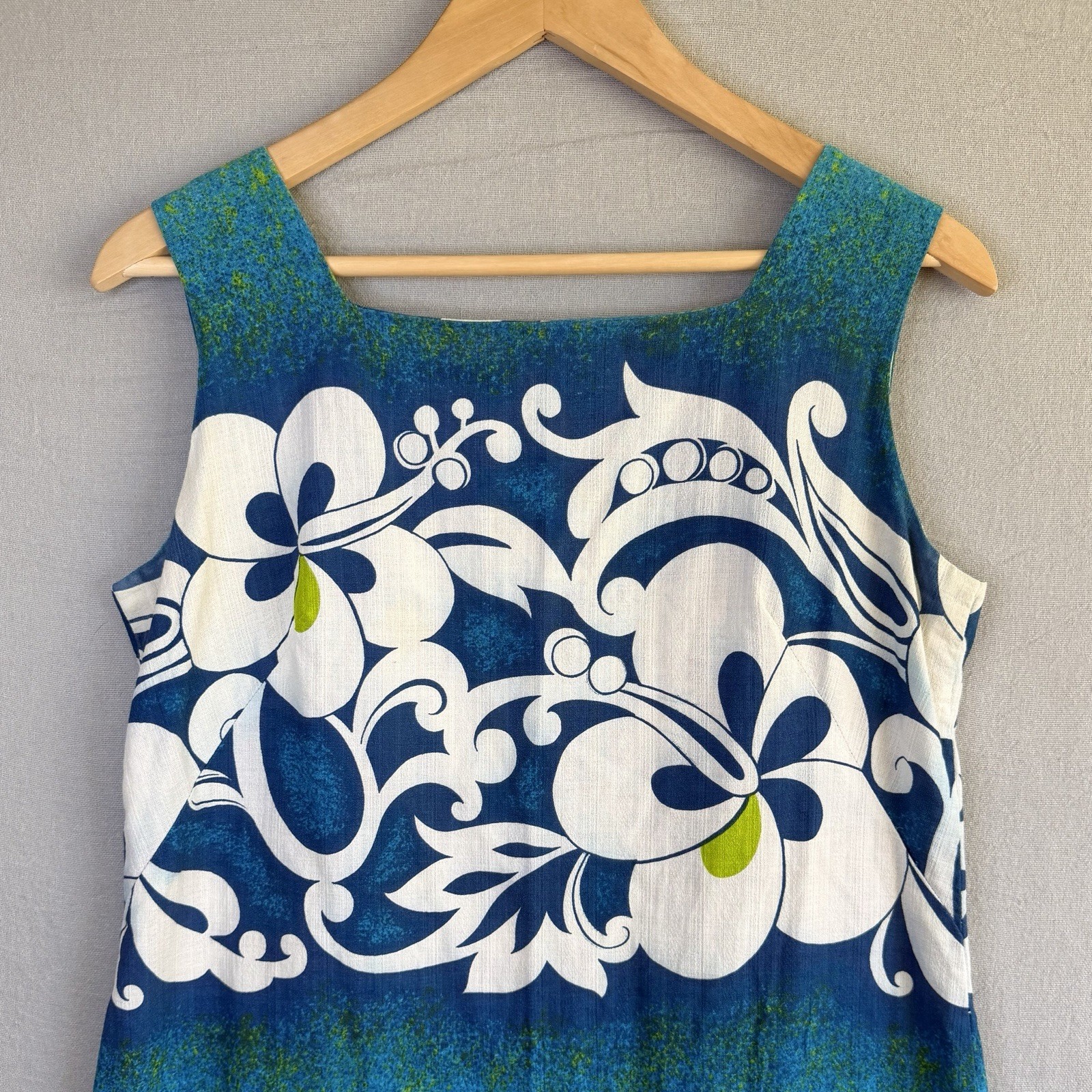Malihini Vintage Barkcloth Dress Small Blue Sleeveless Hawaiian Floral Buttons