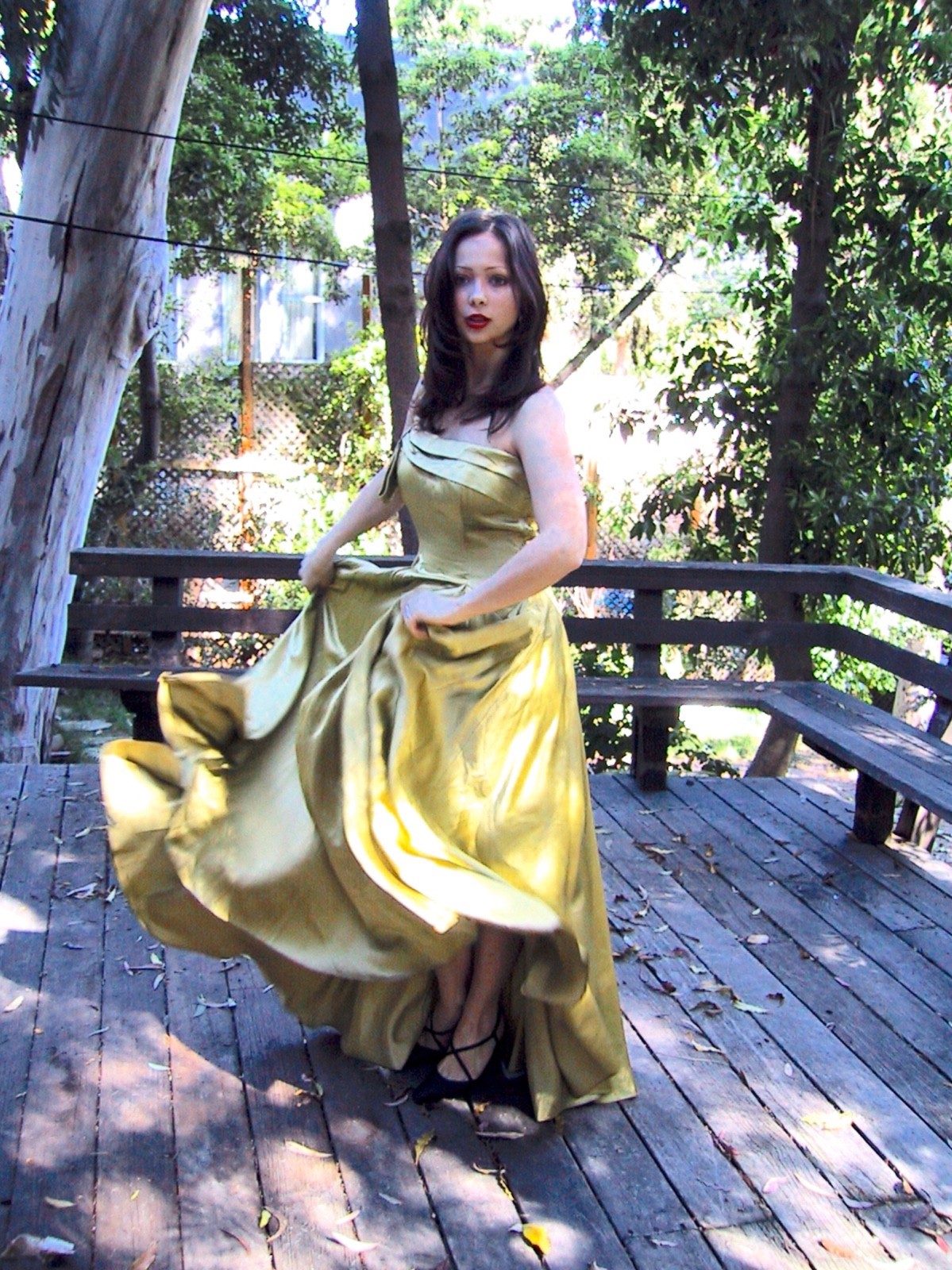 1950s CEIL CHAPMAN Silk Satin Gown Green Gold One Shoulder Full Skirt Dress