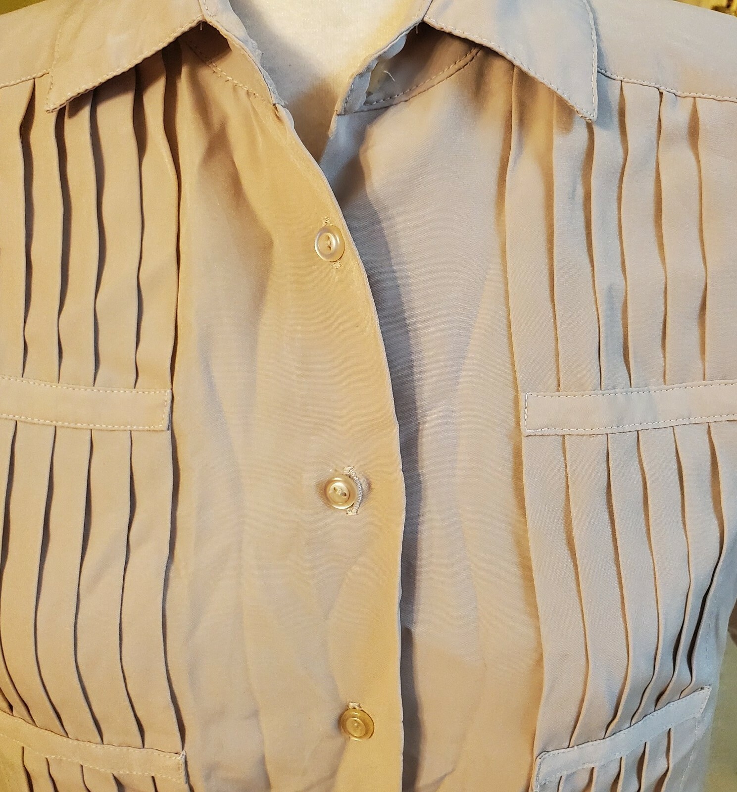 VTG Yves St. Clair Tan Pin-Tuck button front Short Sleeve Blouse Shirt Size 6