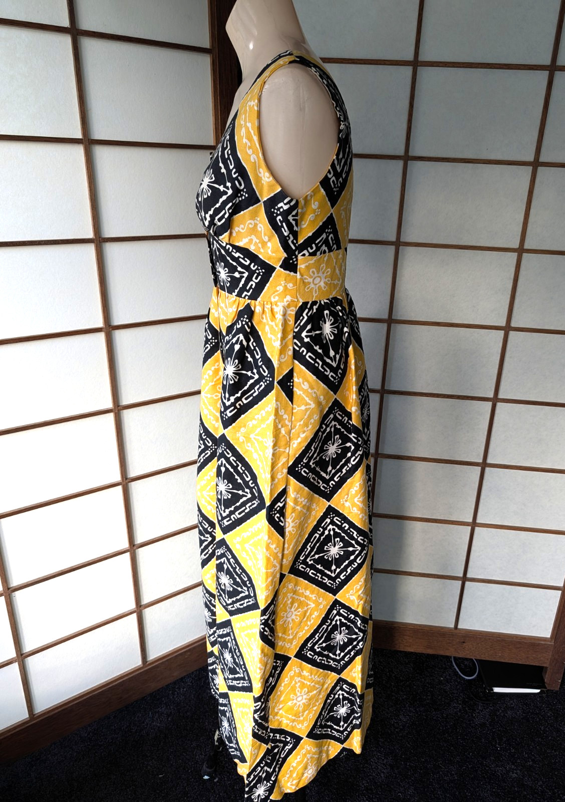 Vtg 70s Malama Hawaii Liberty House Maxi Dress MuuMuu Ylw & Blk Tribal Print XS