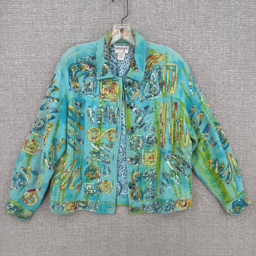 Vintage Anage Waffle Knit Button Up Jacket Womens Large Blue Green Sequin Boho