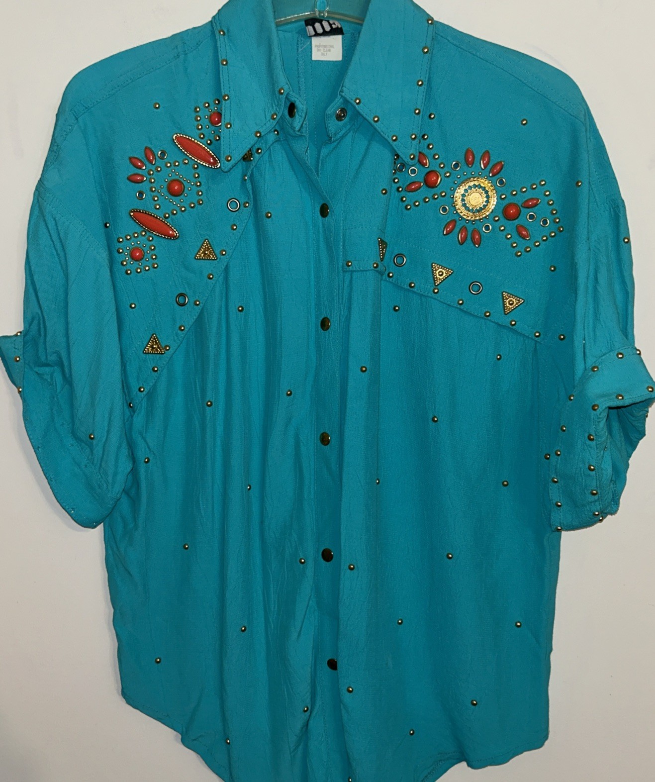 Vtg 80s IIF Teal Blue Shirt Country West Cowgirl Rodeo Rhinestone Snap Front S/M