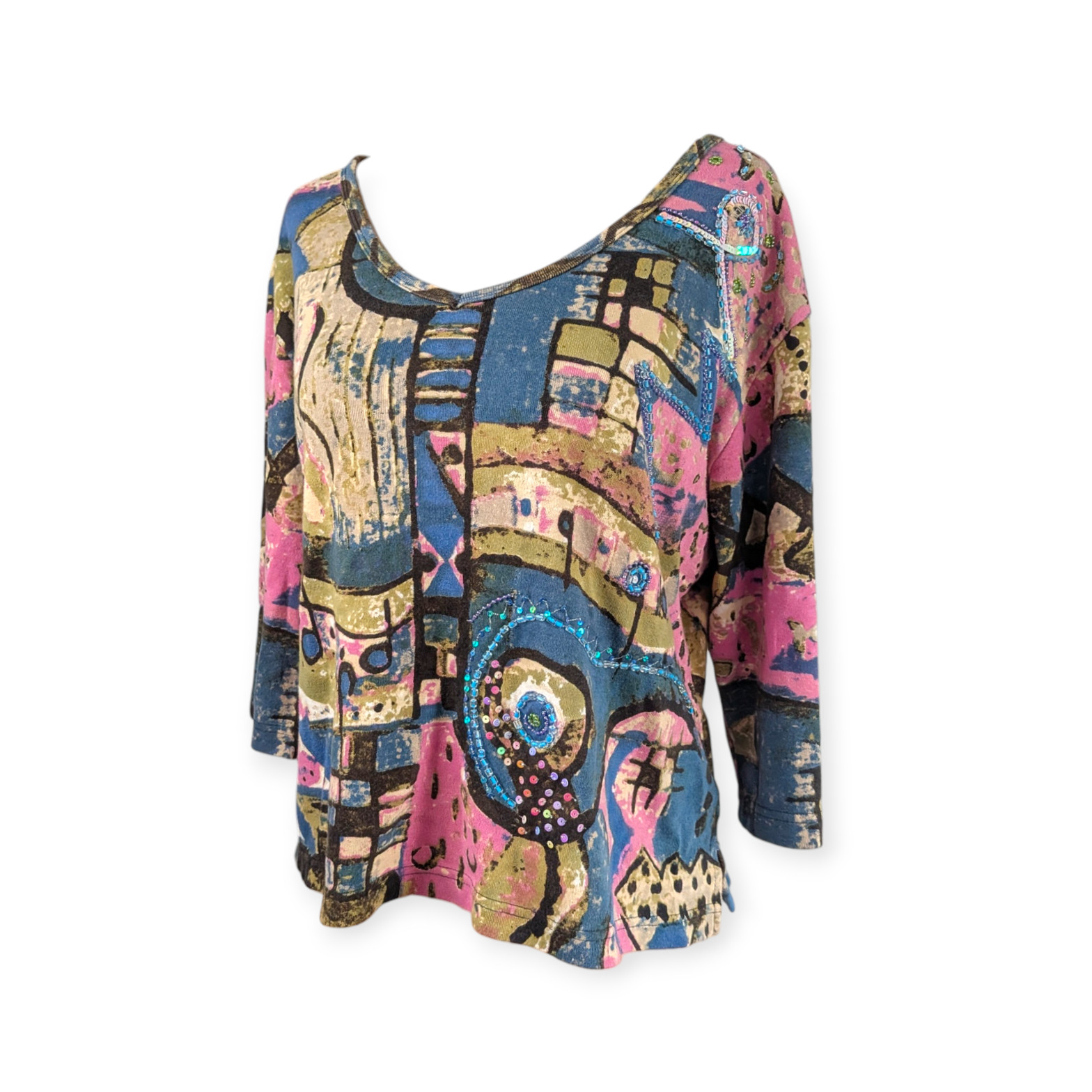 90s Euro Beaded Sequin Shirt ~ Boxy 3/4 sleeve MEDIUM Le Mieux
