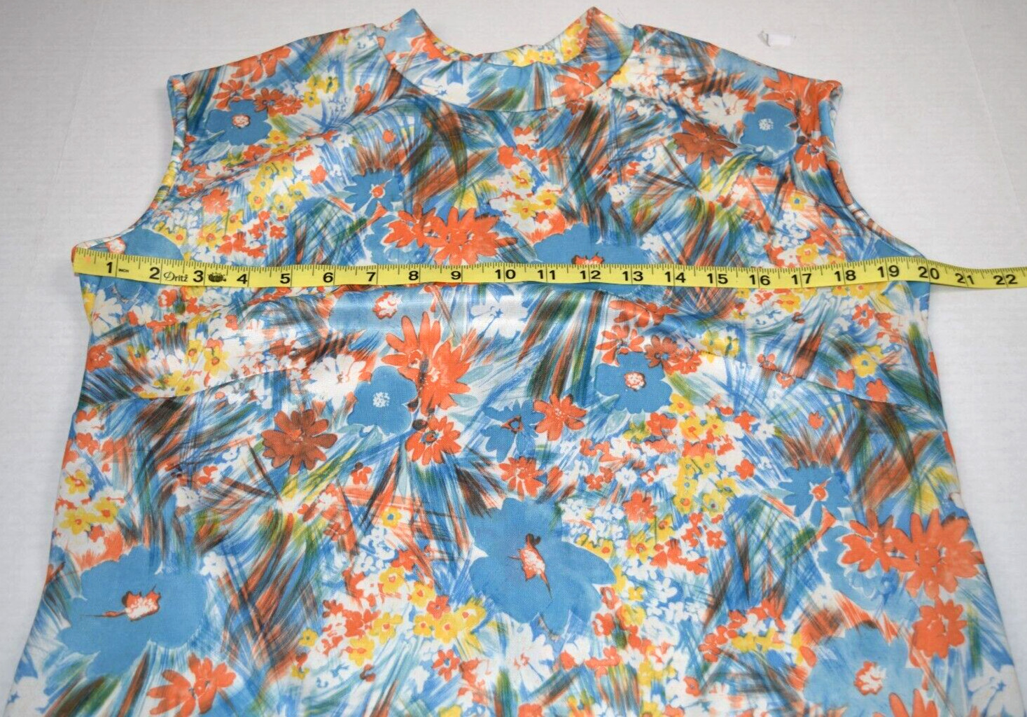 Vintage Midi Dress Blue Orange Yellow Size M 50s 60s Watercolor White Skirt Lace