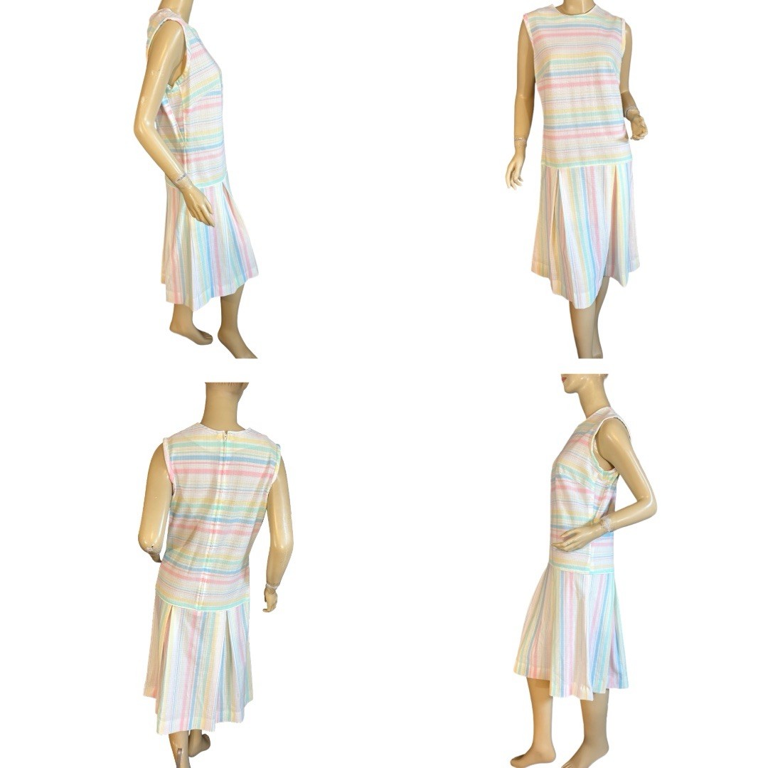 VINTAGE CIRCA 1970’S WHITE W/PASTEL STRIPES DROP WAIST DRESS SET SZ APPX MED