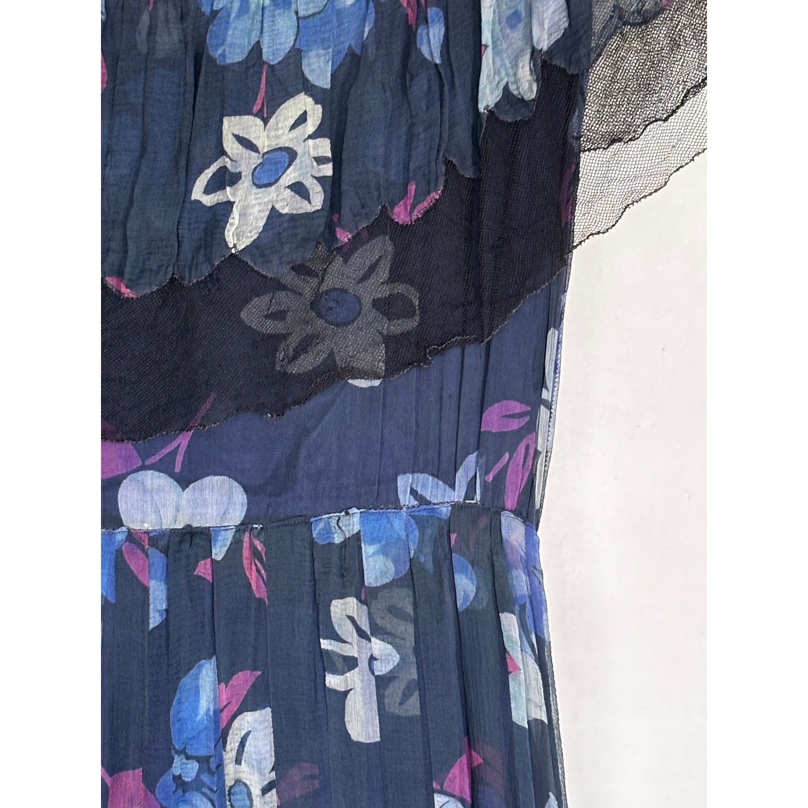 Antique 1920s Navy Floral Silk Dress Flapper Era Flutter Sleeve Drop Waist