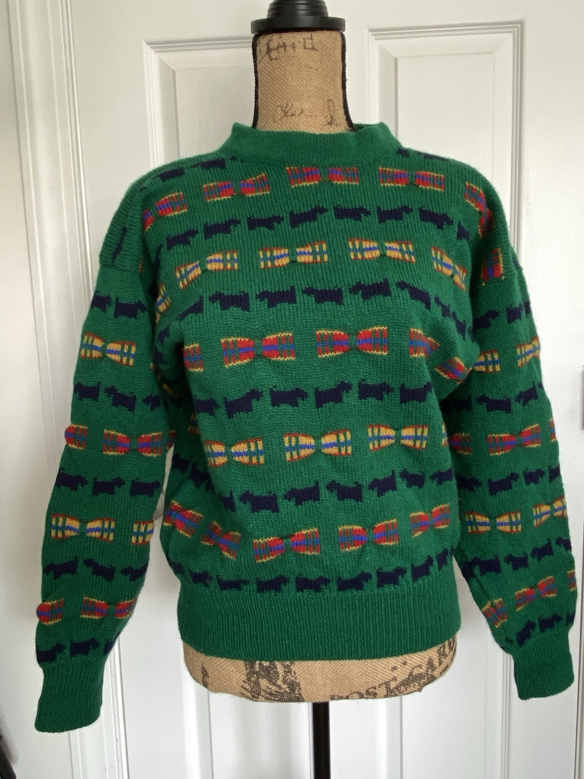 VTG 80s Scottie Dog Sweater MED Shetland Wool The Scotch House Green Plaid Bows