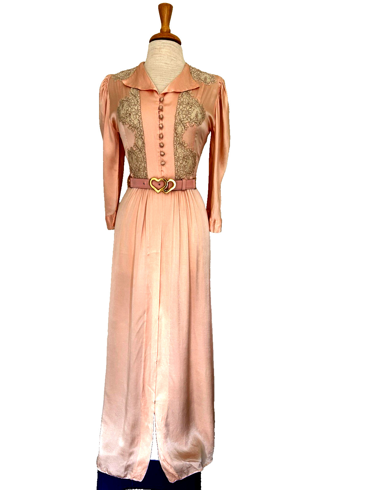 1930s FAMOUS-BARR Peachy Pink SILK NEGLIGEE Boudoir Robe Peignoir S Lace Trim