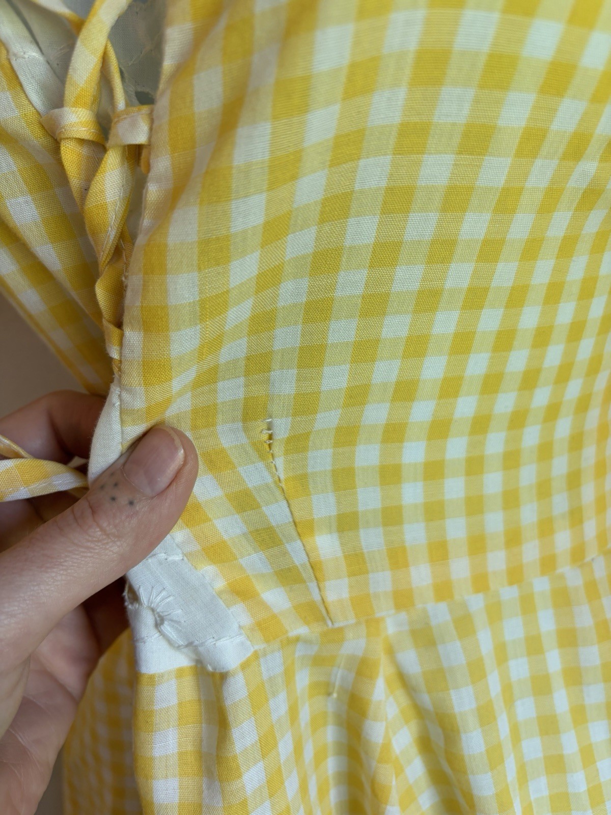 Vintage 60s 70s Handmade Gingham Ruffle Lace Up Dress S Prairie Yellow Milkmaid
