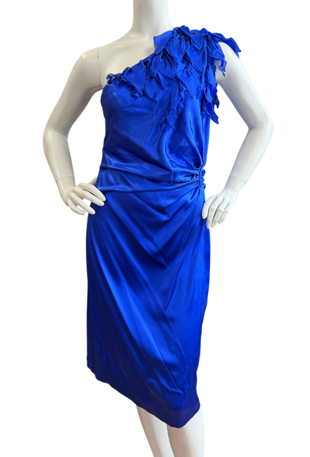 Vintage ROBERTO CAVALLI One Shoulder Silk Dress 46 10 US Blue Ruffle Detail