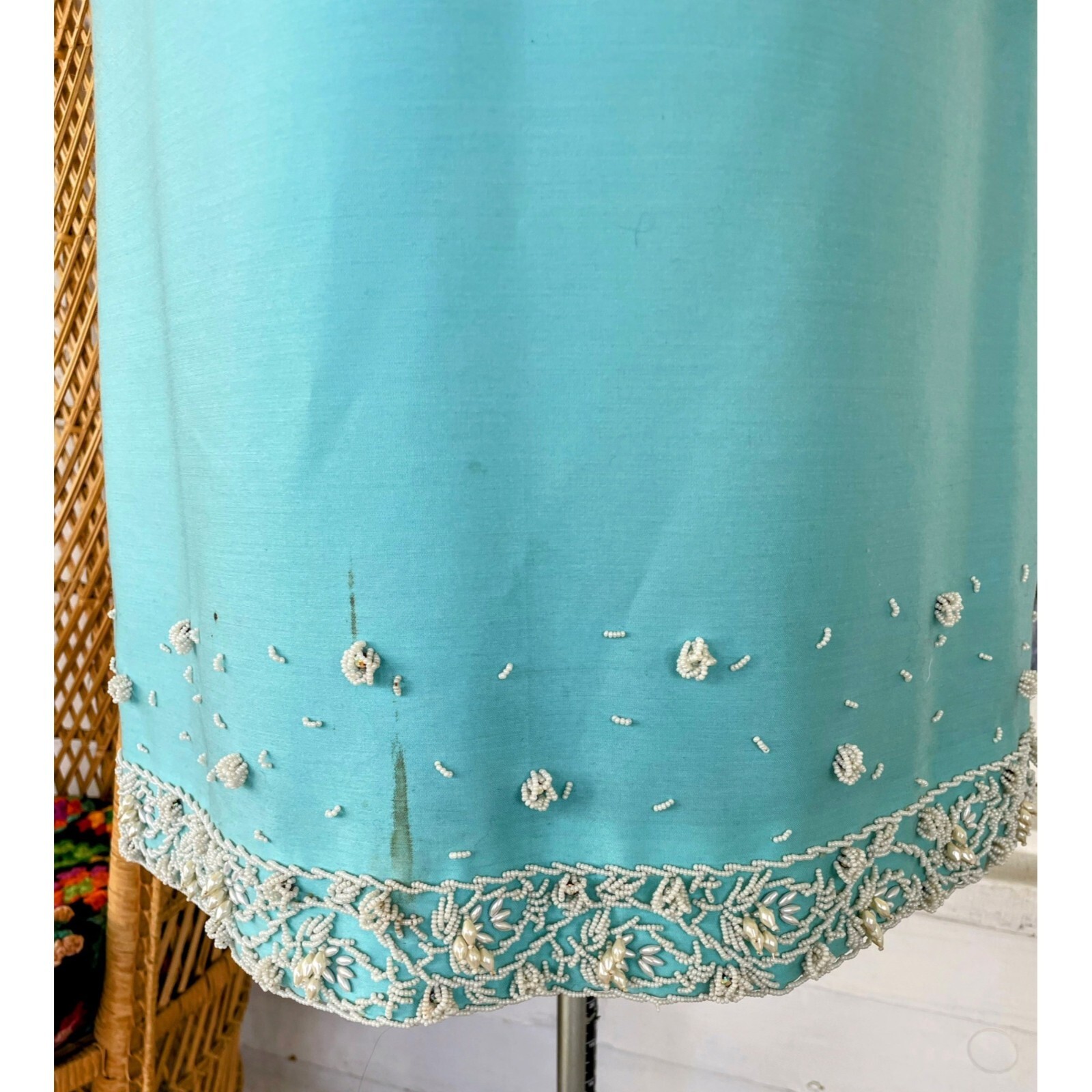 Vintage 1960s Blue Heavy Beaded Silk/wool Blend Midi Dress