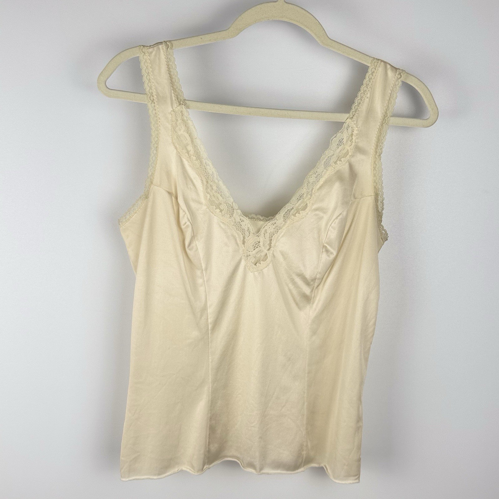 Vintage Nylon Camisole Greenco Maid Size 5 S Beige 60s 70s Lace Accents USA