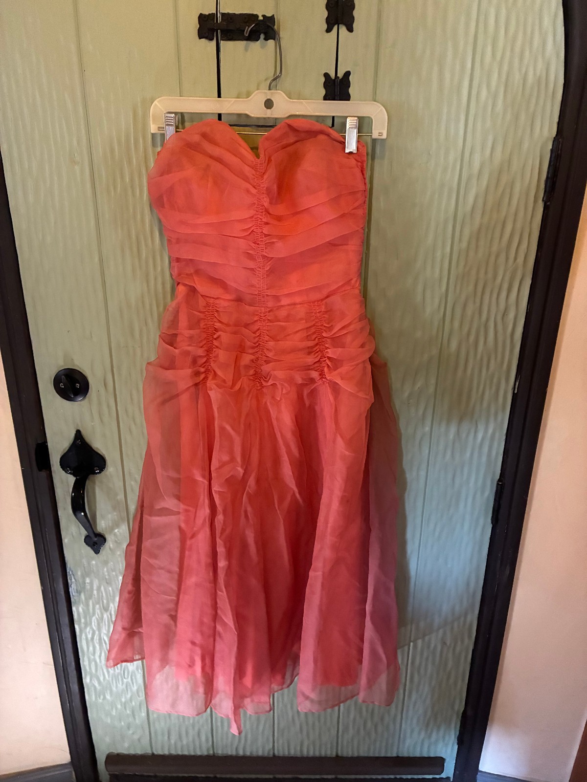 Vintage 1950s Salmon Silk? Chiffon Party Dress Strapless Bust 32″ Waist 24″ Ruch