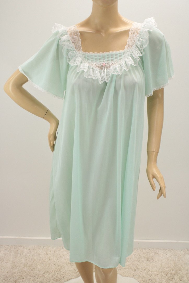 Vintage Carriage Court Nightgown XS S M L Green Nylon Ruffle Lace USA
