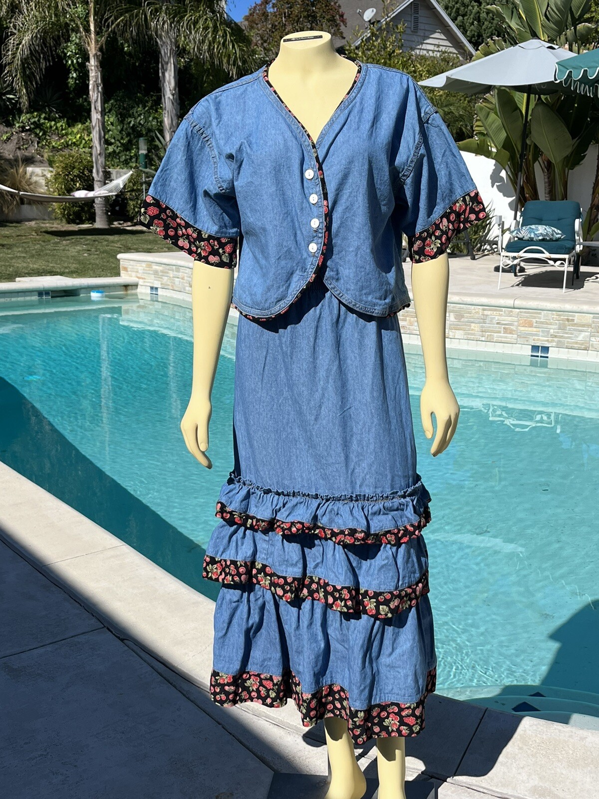 Vintage Dee’s Designs Skirt Set Cottage Core Denim Strawberries Western Retro
