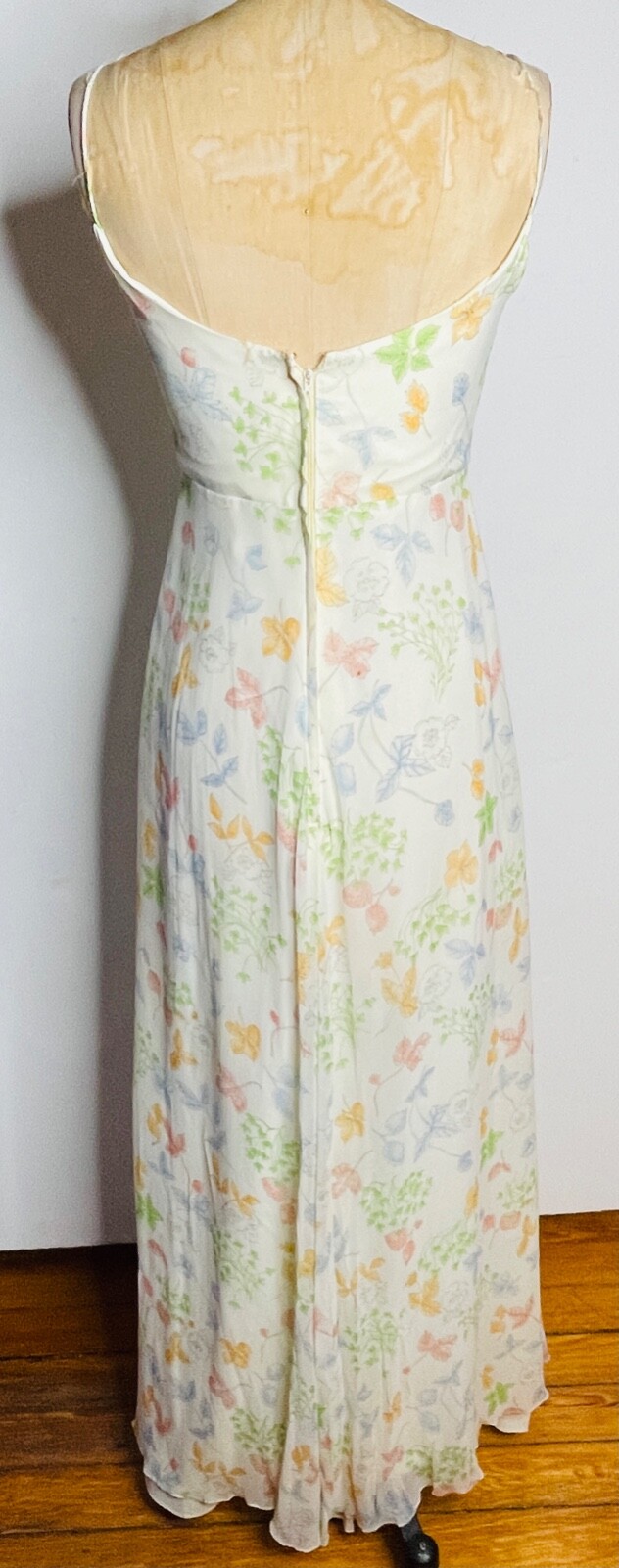 VTG 70’S IVORY BOHO DISCO FLORAL GARDEN PRINT CHIFFON MAXI DRESS GOWN*XS/S