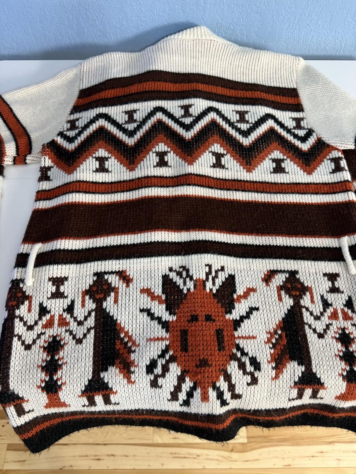 VTG Cardigan Sweater Aztec Knit Open Front Shawl Collar Earth Tones Sz S No Belt