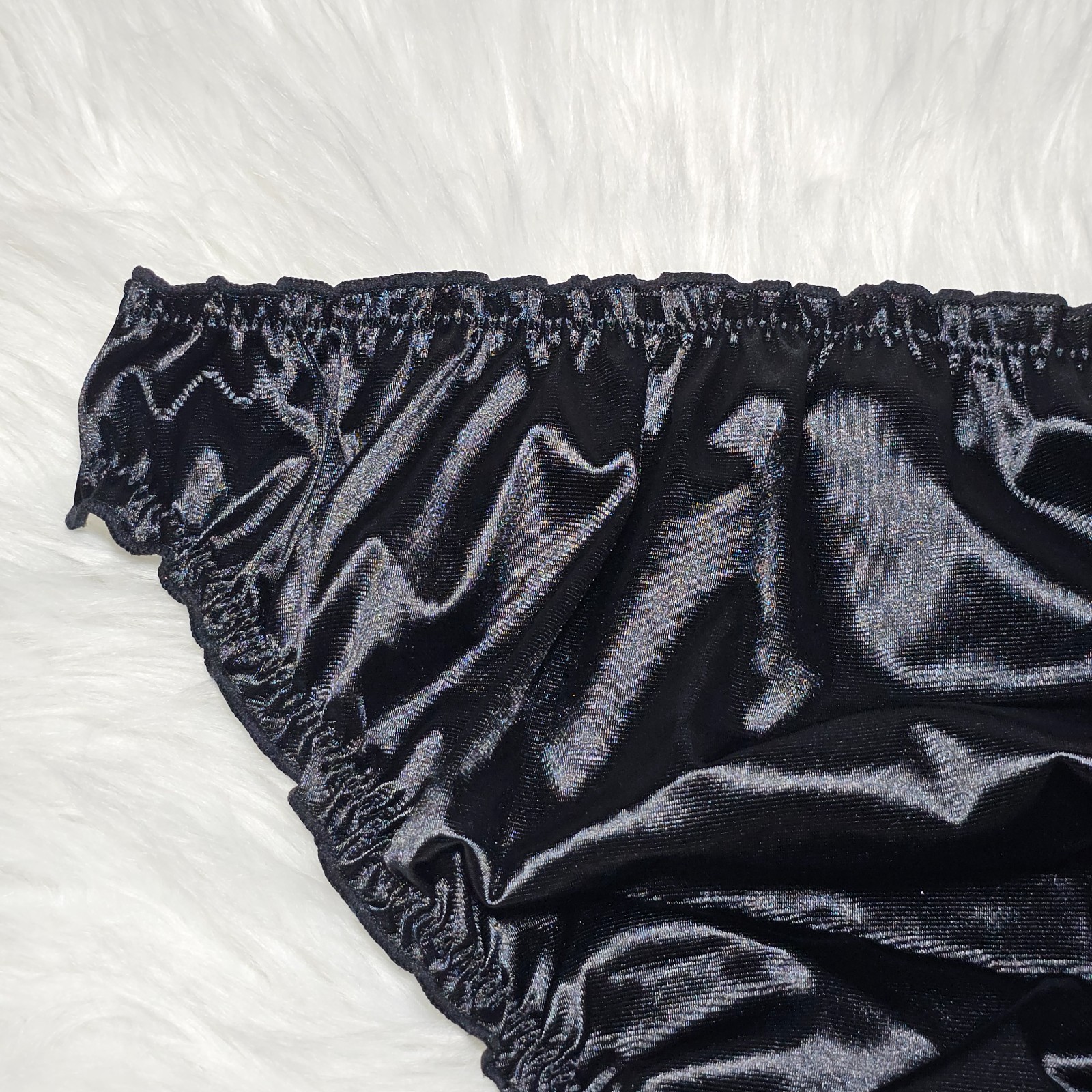 Glossy Nylon Satin Panty Liquid Black Bikini Sissy Ruffle Brief Sz. 8 Hip 40-44″