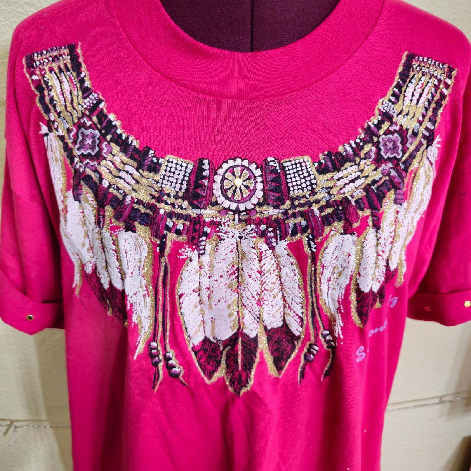 Women’s Vintage 90’s Native American Sedona, AZ Red & Gold Glitter Tshirt XL