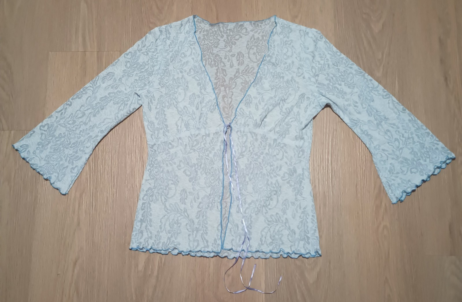 Vtg 70s Sheer Powder Blue Burnout Silver Metallic Open Jacket Cardigan Top M