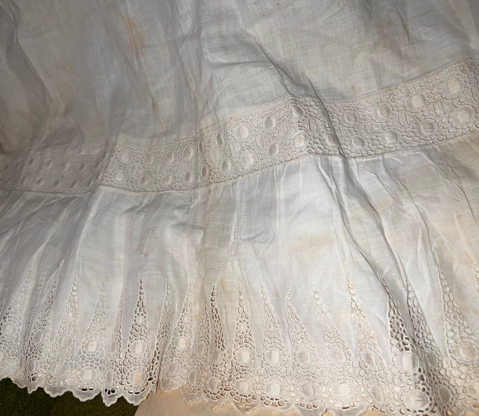 Antique Victorian Edwardian White Hand Sewn Embroidered Skirt Petticoat Stained