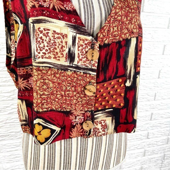 Vintage JD Wright Patterned Patchwork Vest Size 12 Red Black Cream