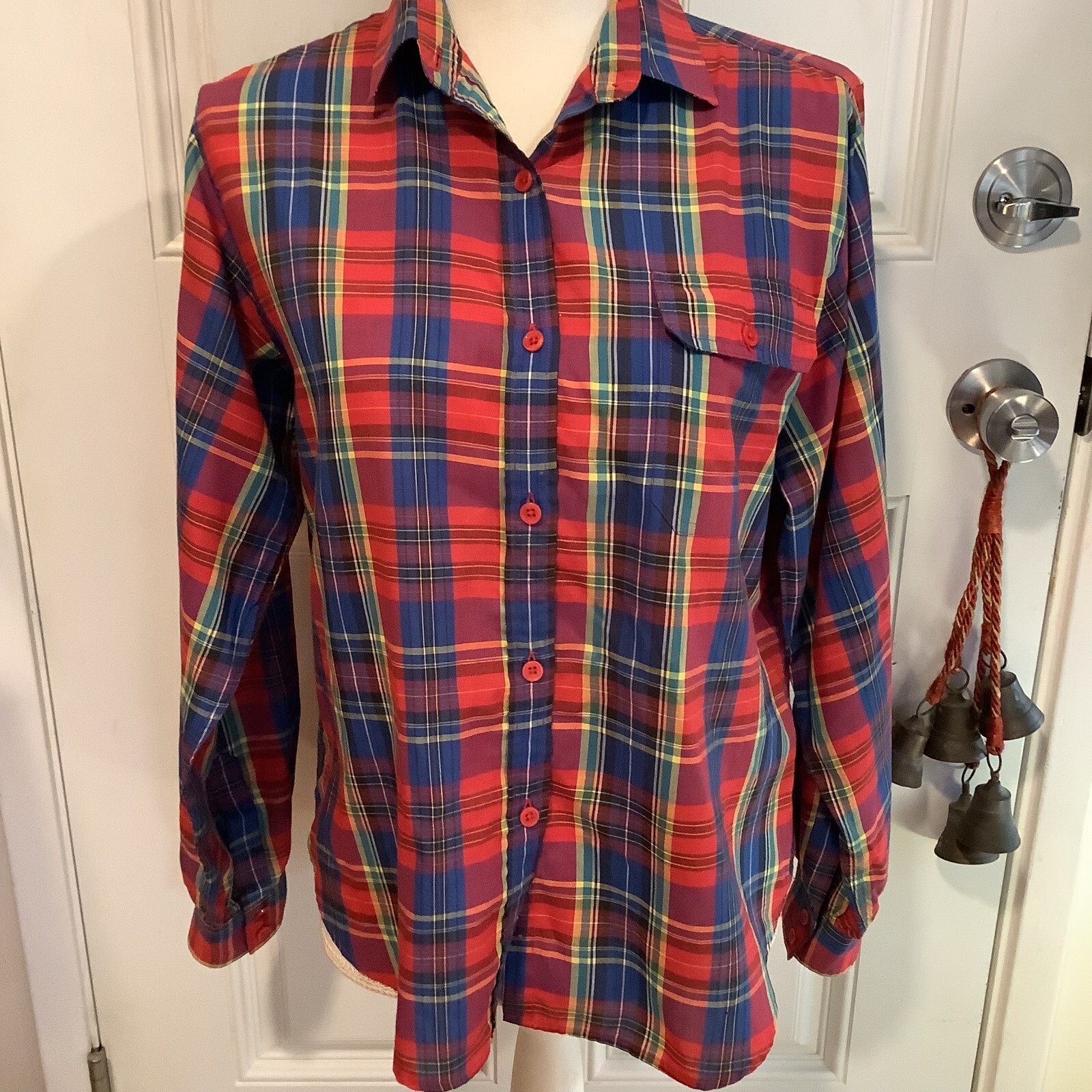 The Fox Collection red blue plaid button down layering women’s shirt size Medium
