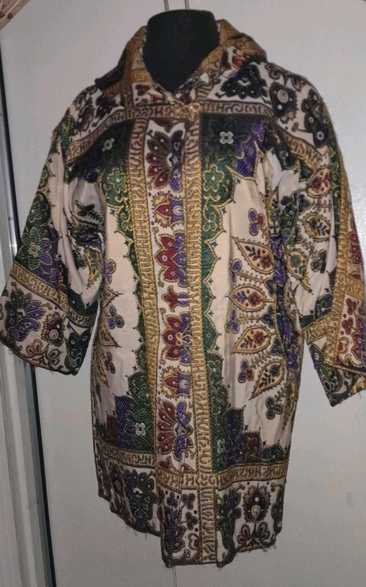 Vtg 60s 70s Tassle Hood DAMASK Jaquard Tapestry Rayon Ethnic Morroco Jacket Coat