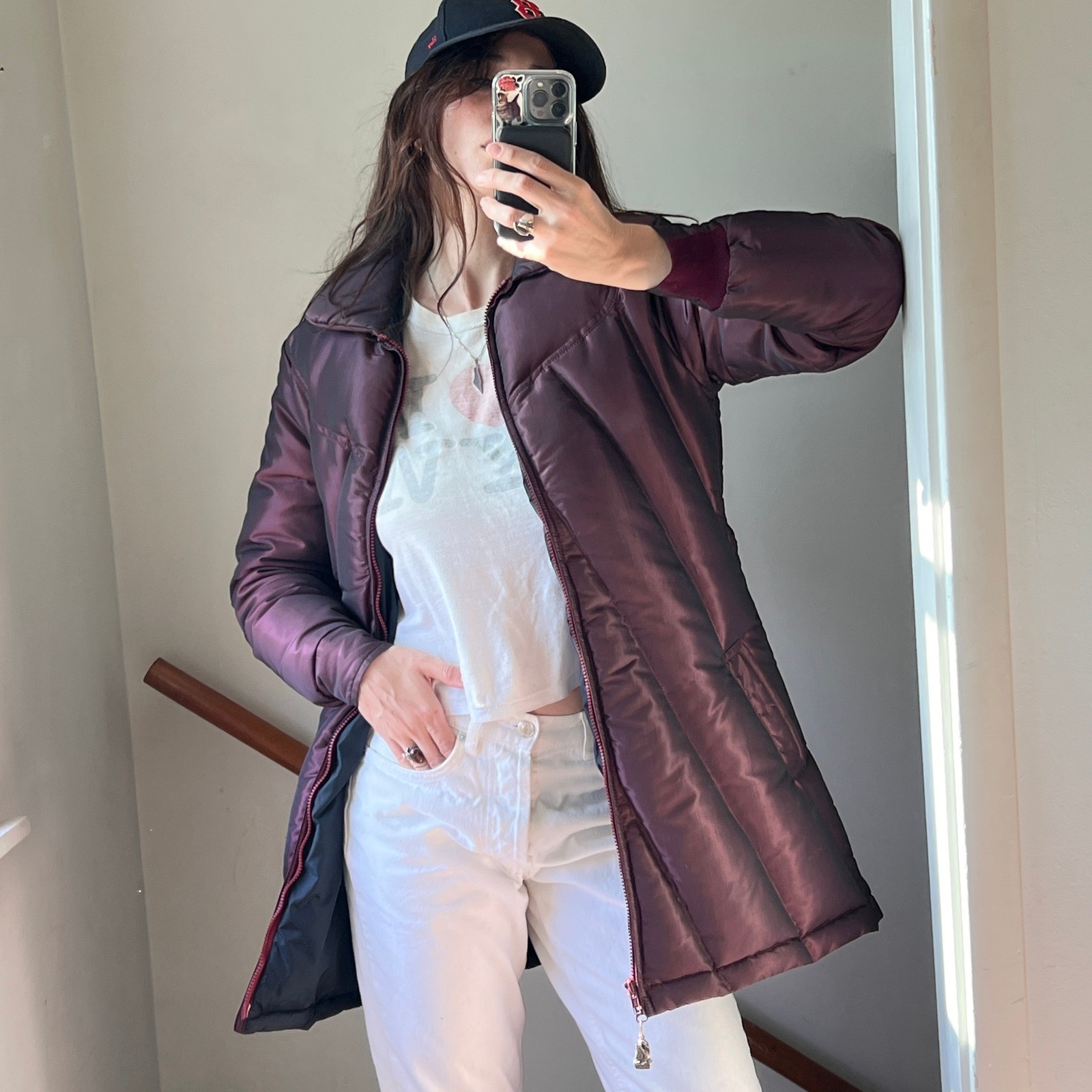 Vintage 80s Puffer Parka Coat Burgundy Iridescent Down Quilted Jacket Retro USA
