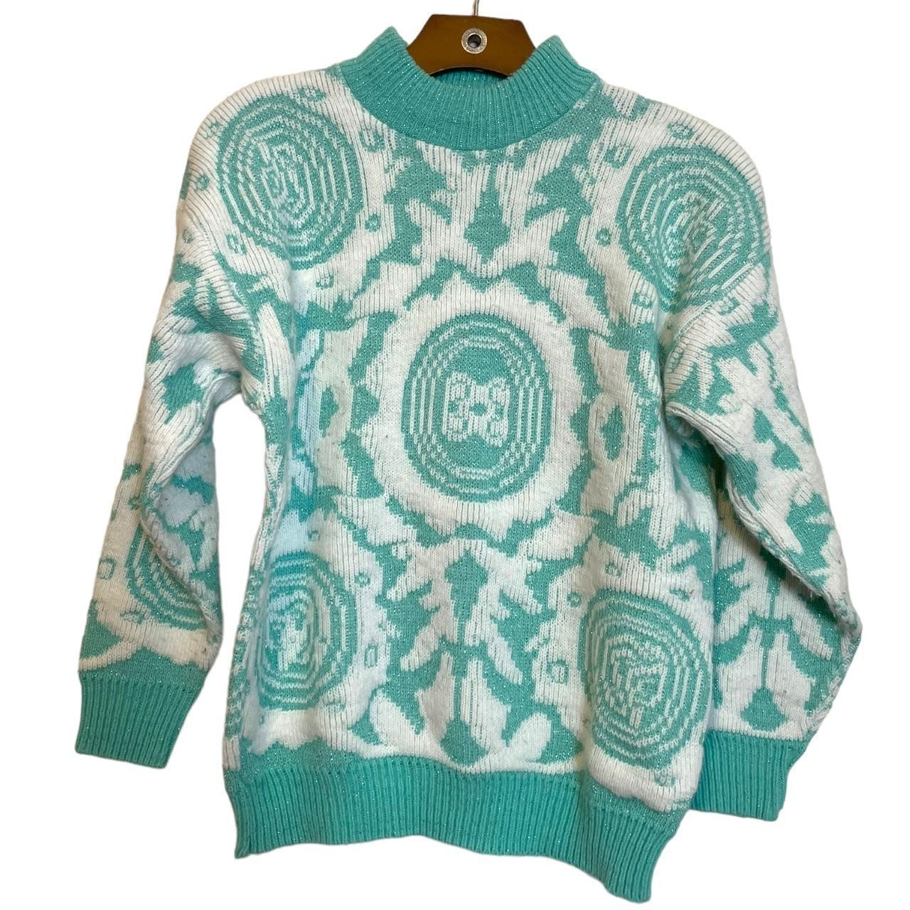 80s Vintage Pastel Sweater – Fits Like Small – Glitter Bright Teal – Cheryl USA