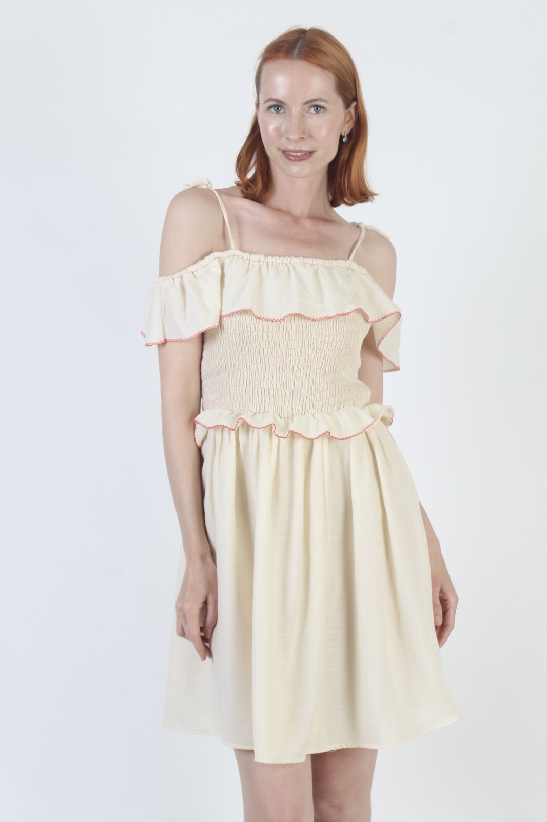 Vtg 70s Shoulder Tie Smocked Mini Dress Ruffle Capelet Unicolor Boho Sundress