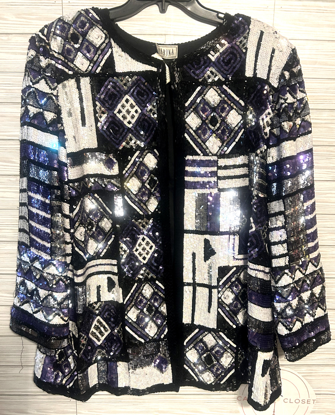 Carina Black Purple White Beaded On 100% Silk Jacket Formal Vintage 90s Medium
