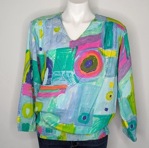 Vintage Jo Hardin Blue Green Pink Colorful Abstract Artsy Blouse 10