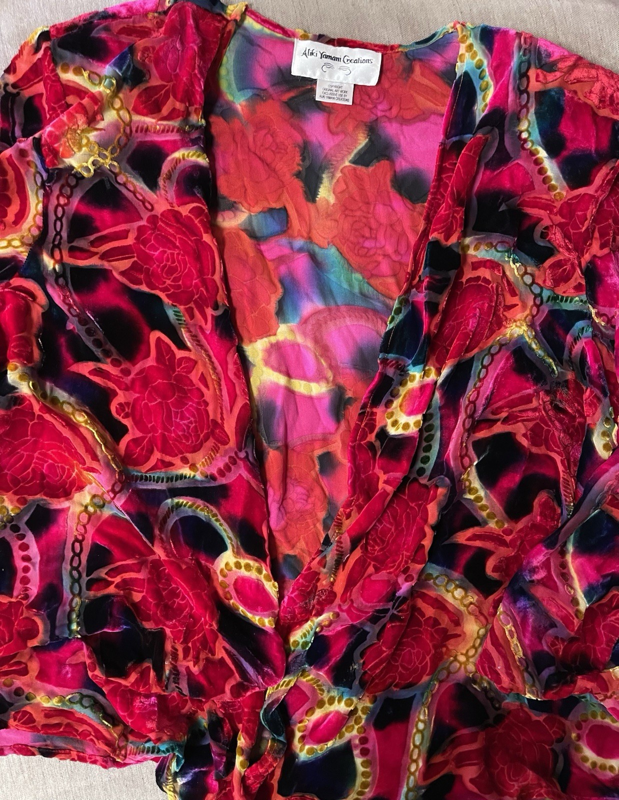 Vintage ALIKI YAMANI CREATIONS, XL, Silk Rayon Cardigan, Burn Out Velvet, EUC