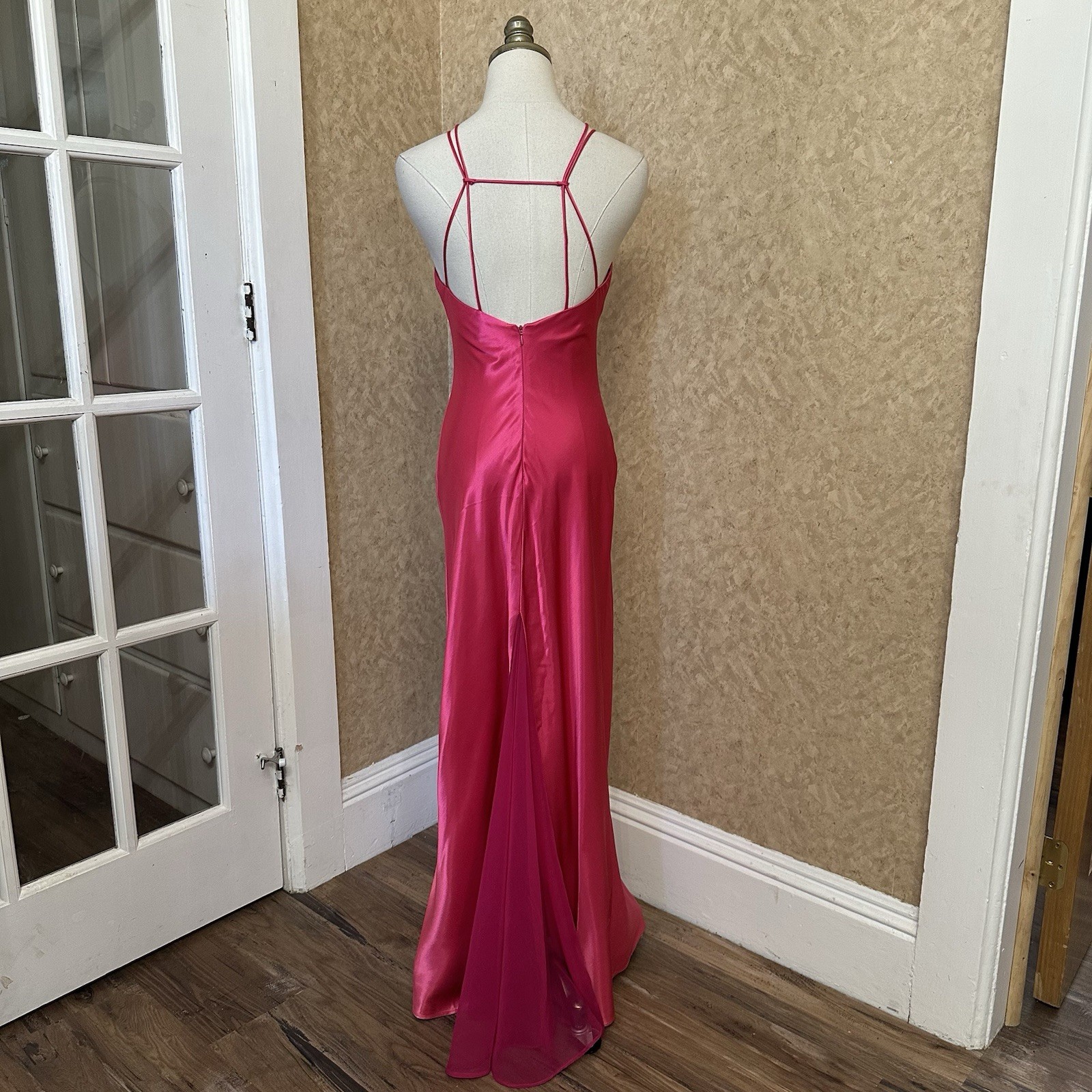 VTG 90s Hot Pink Satin High Neck Low Back Formal Slip Prom Dress