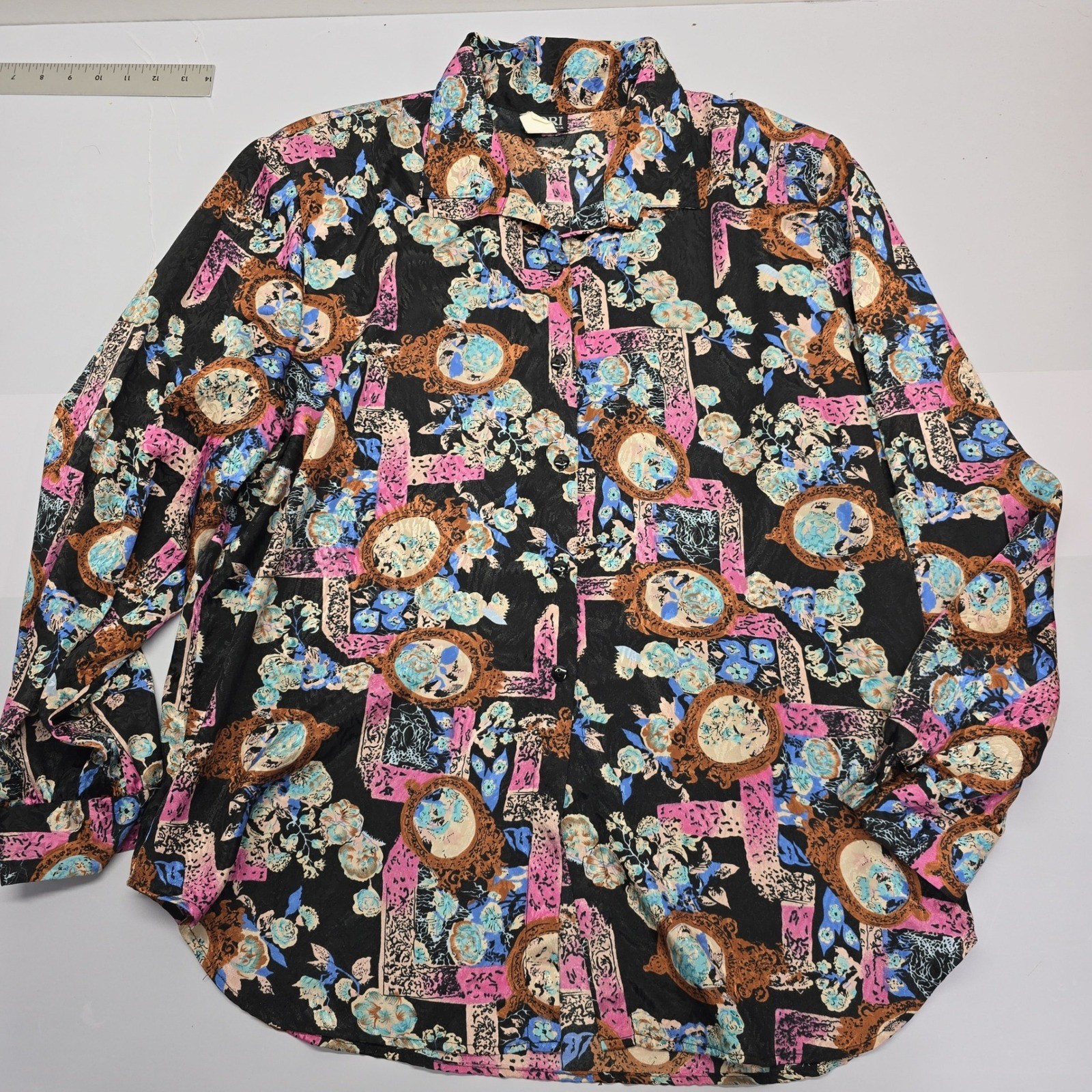 Lori of California Vintage 90s Baroque Floral Button Down Shirt Black Pink Blue