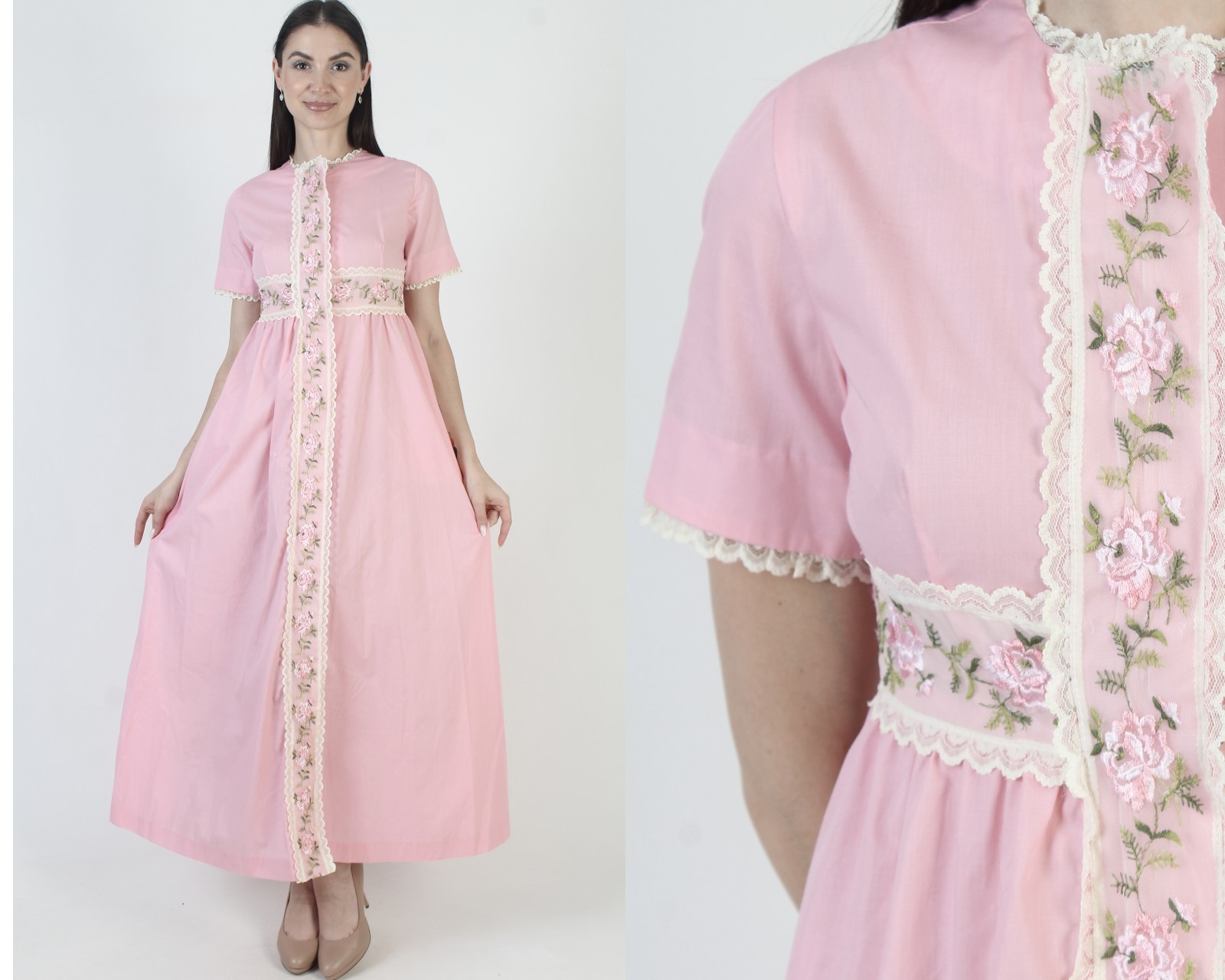 Vtg Loungees Pink Nightgown Floral Embroidered Peignoir Evening Pockets Gown
