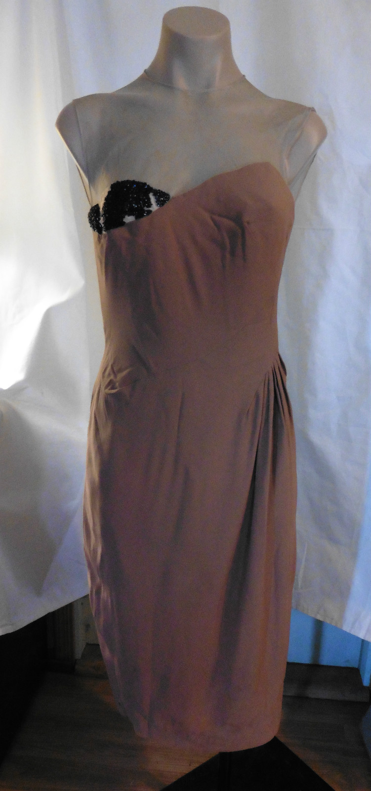 50s Beige Crepe Dress w/ Illusion and (Weird) Beading on Bodice Sz S