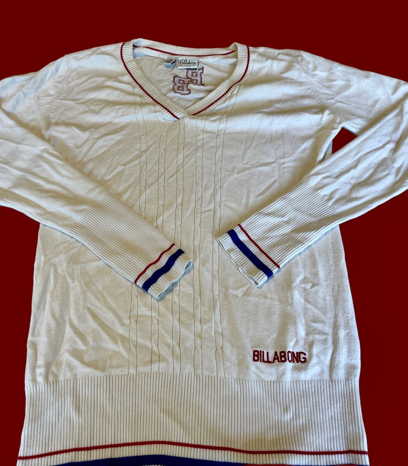 Vintage Cricket Sweater BILLABONG V Neck Long Sleeve Preppy Tennis White Polo L