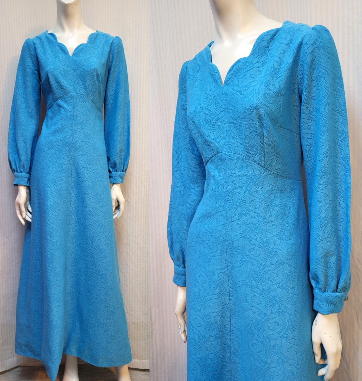 Vintage 1960s Blue Floral Paisley Motif Double Knit Maxi Dress – Size S – EUC