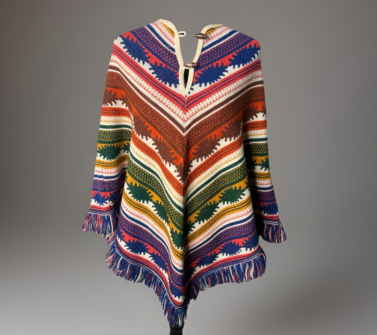 Vintage Sabra Poncho One Size Aztec Colorful Fringe 70s RARE!