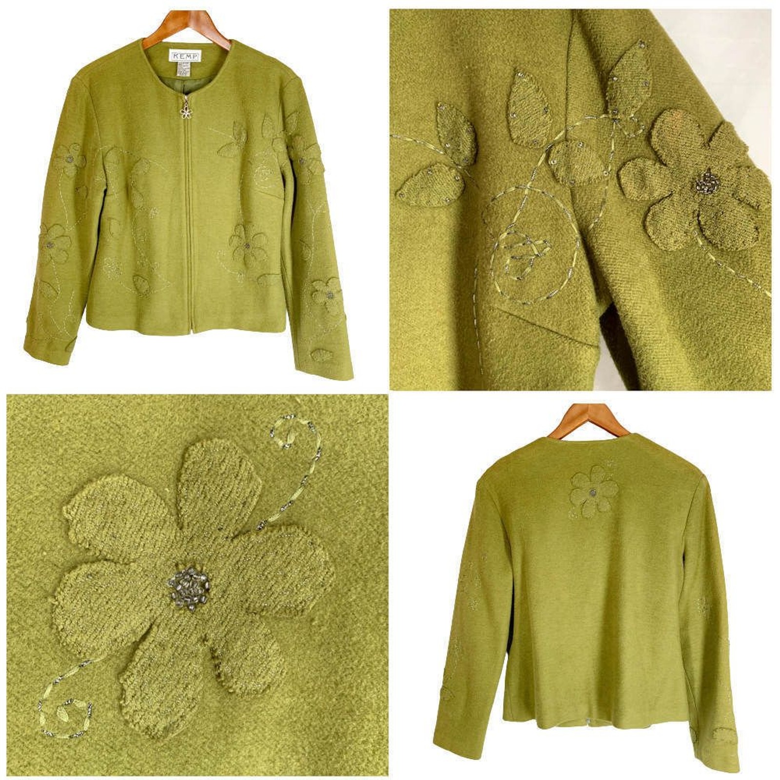 Vintage 70s Boho Jacket 6 Olive Green Cotton Applique Flowers Classy Hippie