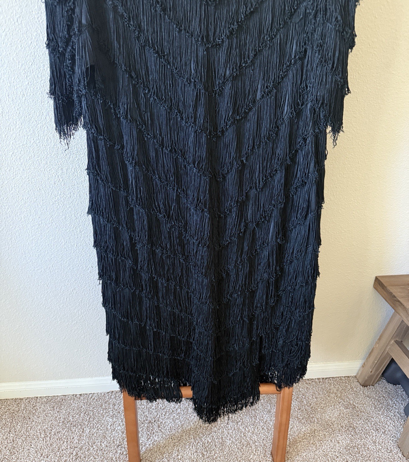 Vintage nightwork, V-neck tiered Elegant Black Fringe mod flapper Dress large