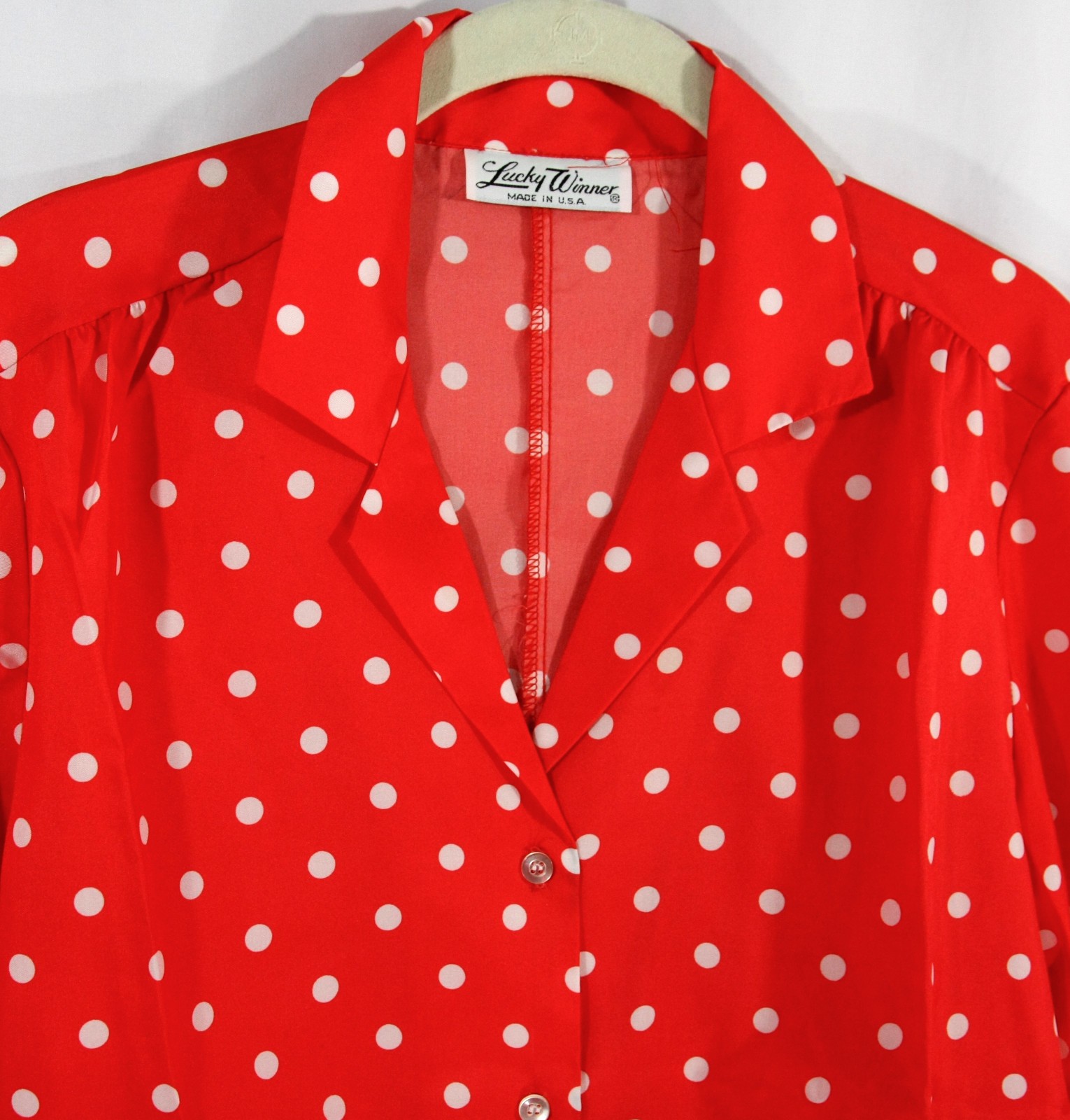 Vintage Lucky Winner Red and White Polka Dot Satin Secretary Career Blouse Top M