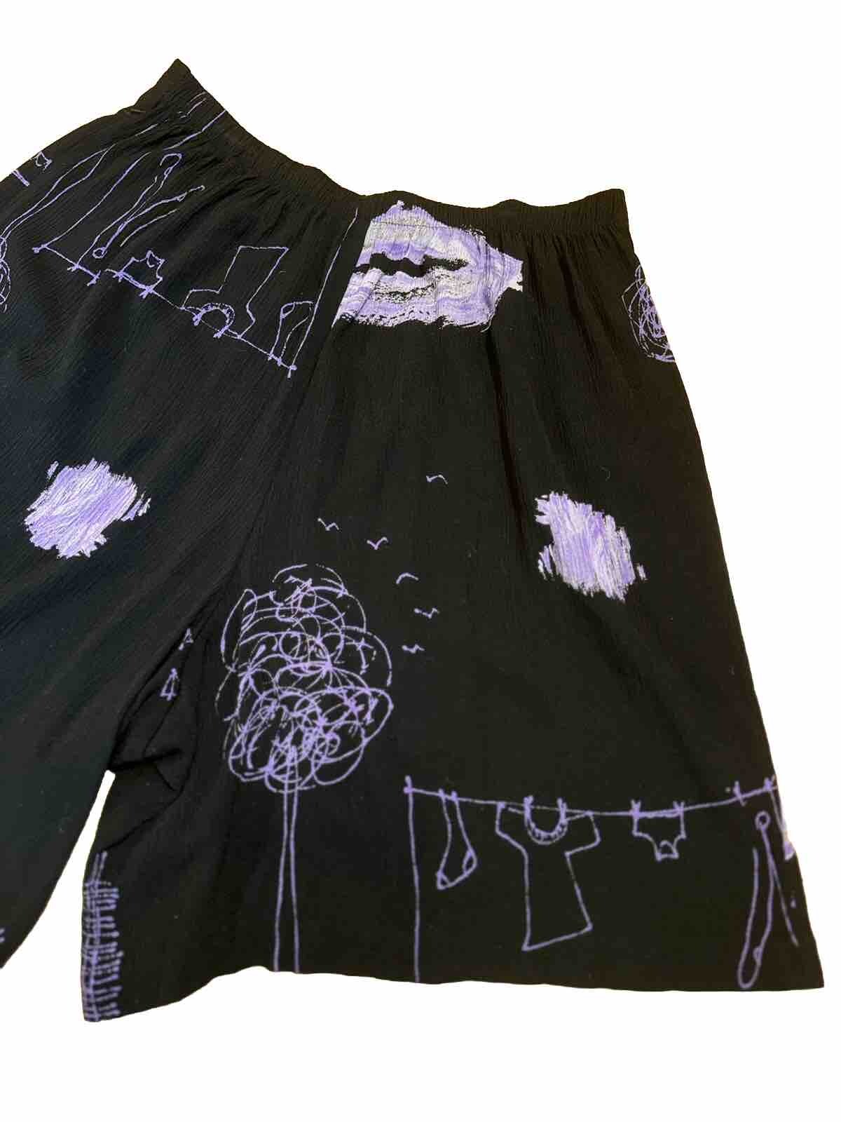 Sharon Anthoney Vintage Rayon Shorts 80s Line Work Design- Elastic- Art Print