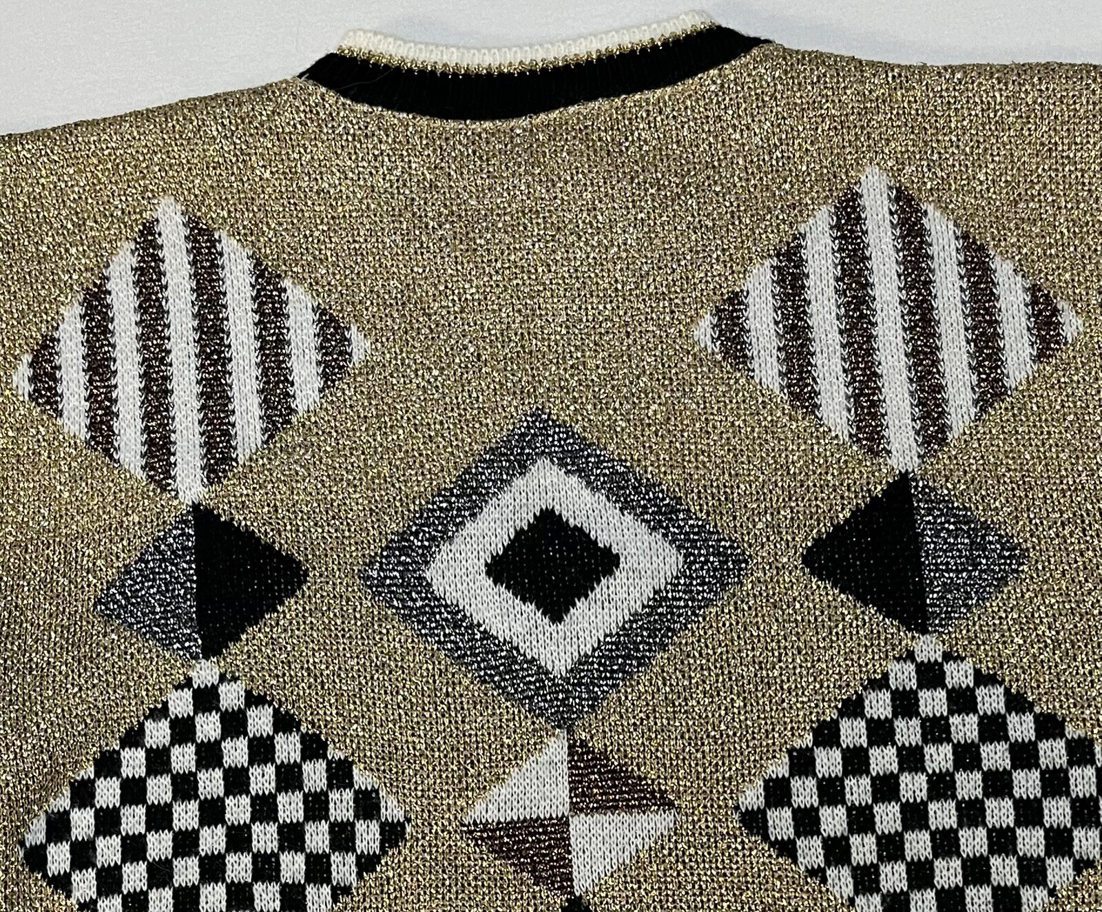 Vintage 80’s Beldoch Popper Sweater Gold Geometric Made USA Sz S Chest 38” EUC