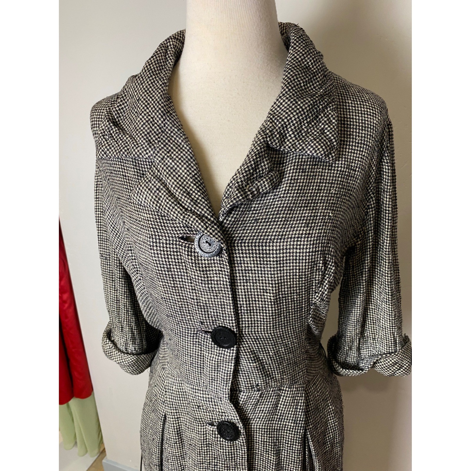 Vintage 40’/50’s Houndstooth Button Front Midi Coat Dress S