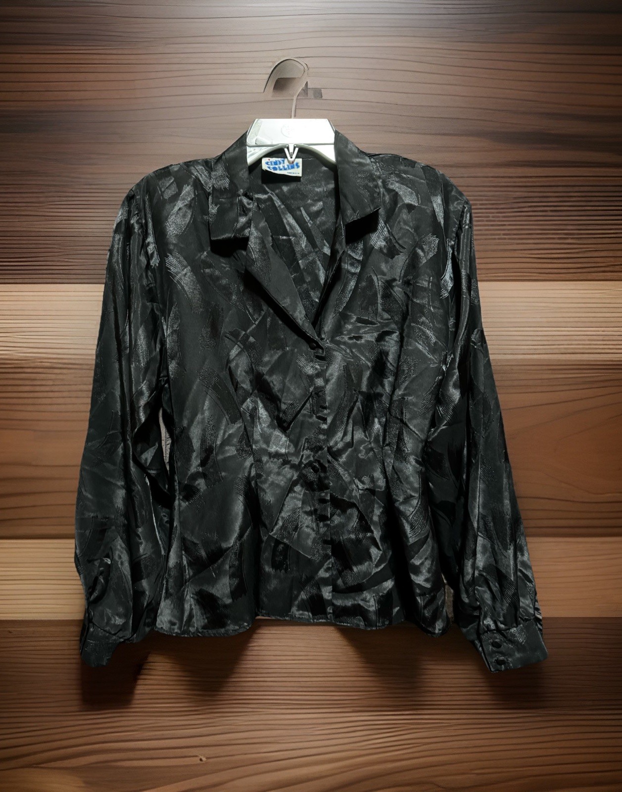 Cindy Collins Black Blouse Button Front Shoulder Pads No Size Tag Vtg 1980s