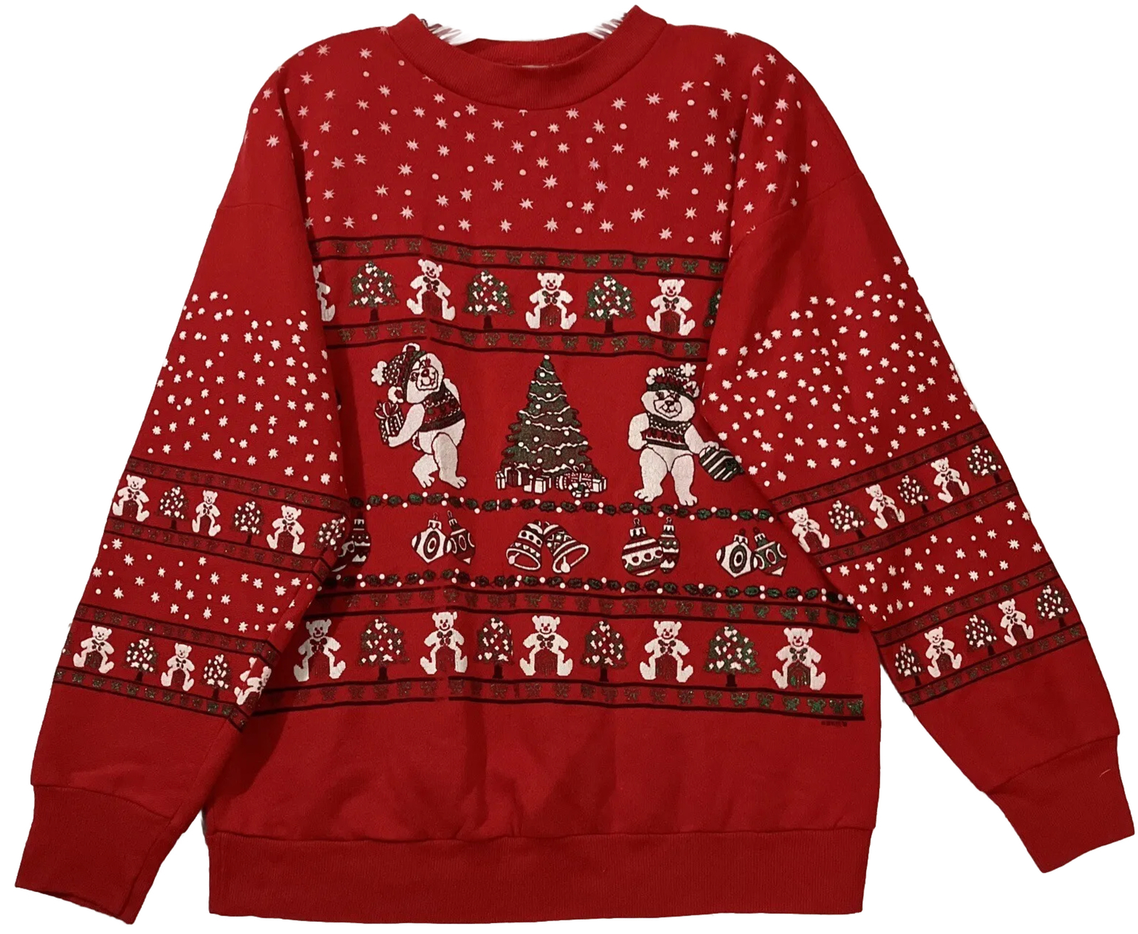 Vintage Sky Lite 80s Red Teddy Bear Christmas Crewneck Sweater Glitter Size M