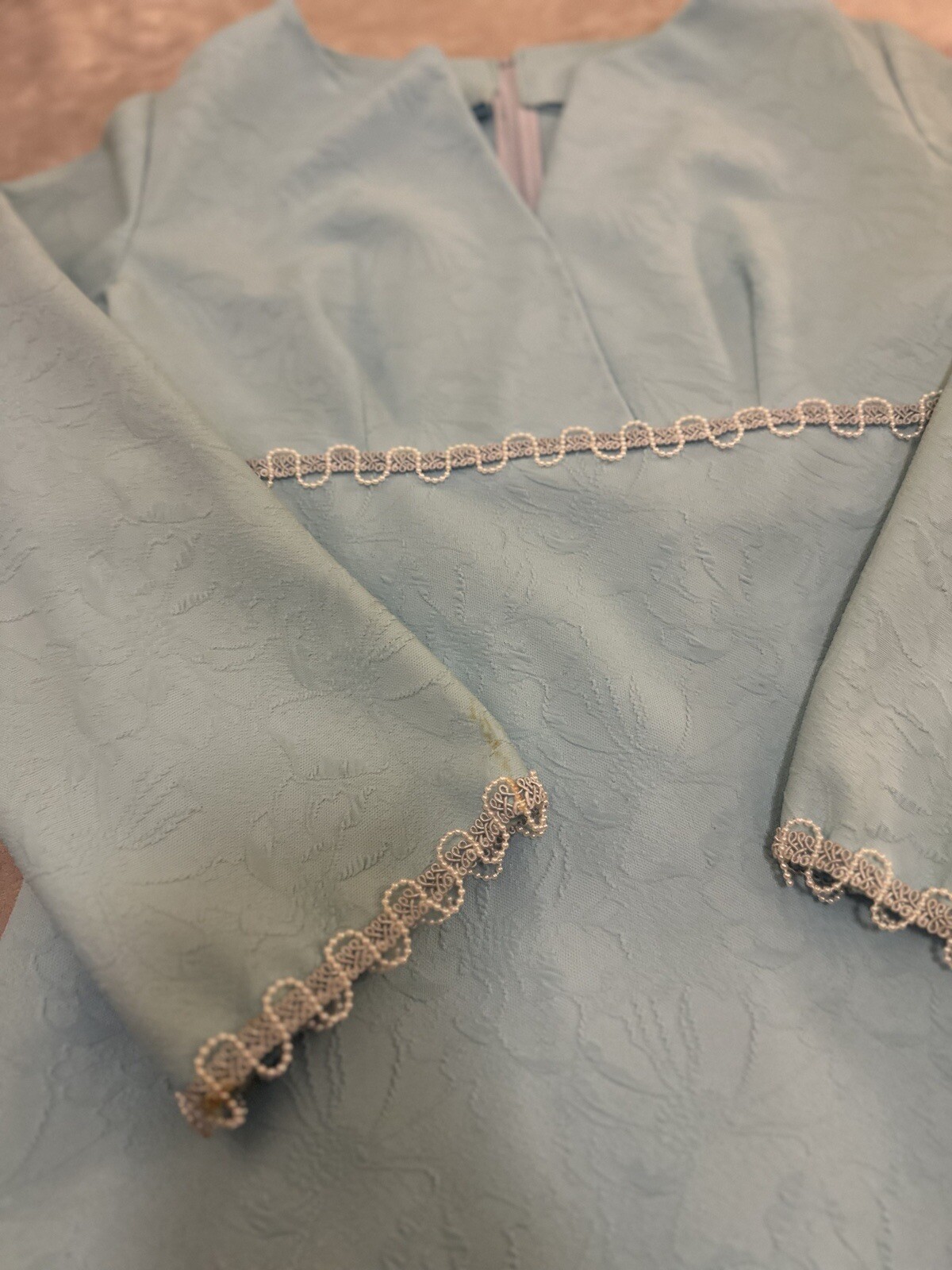 Vintage Handmade Baby Blue Silver Pearl Floral Kaftan Bell Kimono 1960’s Gown